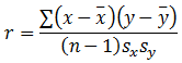 r = sum of (x minus x-bar bracket bracket y minus y-bar bracket, all over brachet n minus 1 bracket s sub x s sub y.