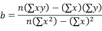 b = (n(sum of x times y) minus (sum of x)(sum of y)) all divided by n(sum of x squared) minus (sum of x)squared.
