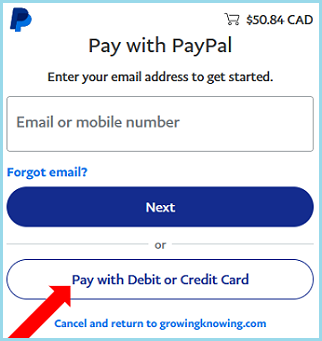 Picture PayPal screen, advising to select Pay with Debit or Credit Card.