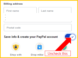 Picture PayPal screen, with Save info & create your PayPal account checked.